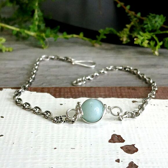 Amazonite Crystal Anklet Bracelet, Adjustable Dainty Gemstone Jewlery 9" - Picture 1 of 3